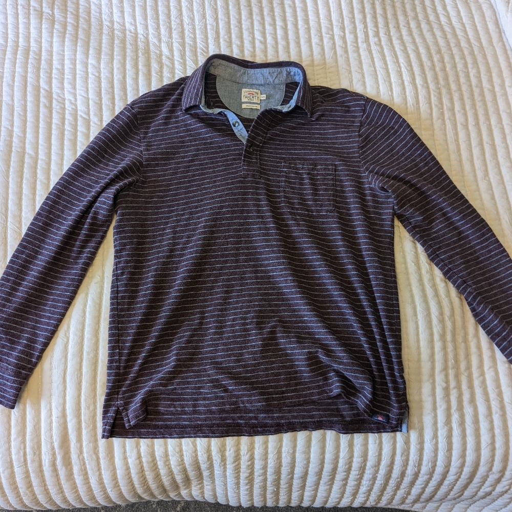 Faherty Men's Striped Polo Shirt - Dark Blue and Gray